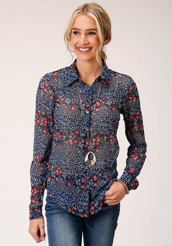WOMENS LONG SLEEVE DITZY FLORAL PRINT POLYESTER SHIRT BLOUSE