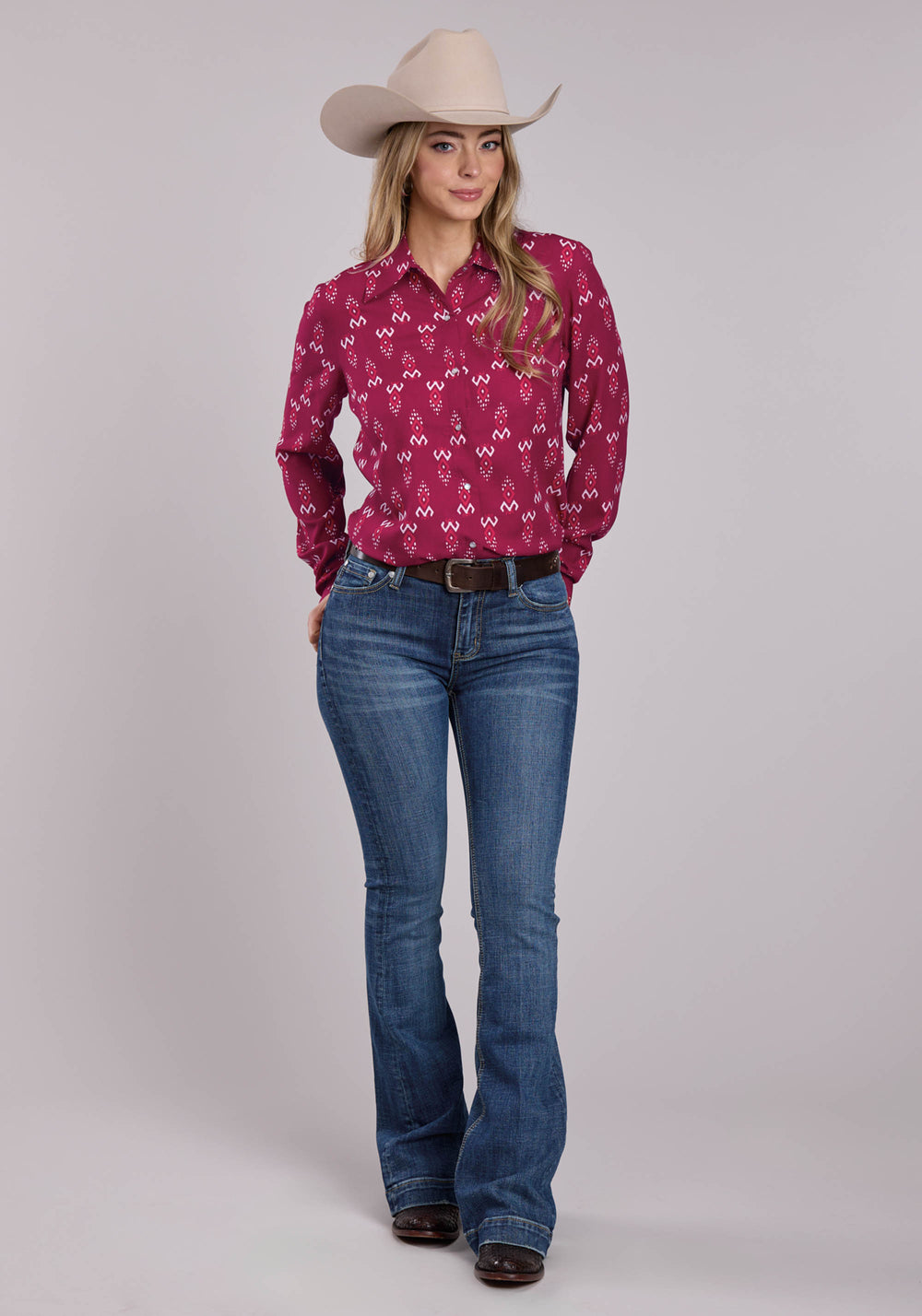 WOMENS ROPER RASPBERRY PRINTED RAYON LONG SLEEVE SNAP SHIRT