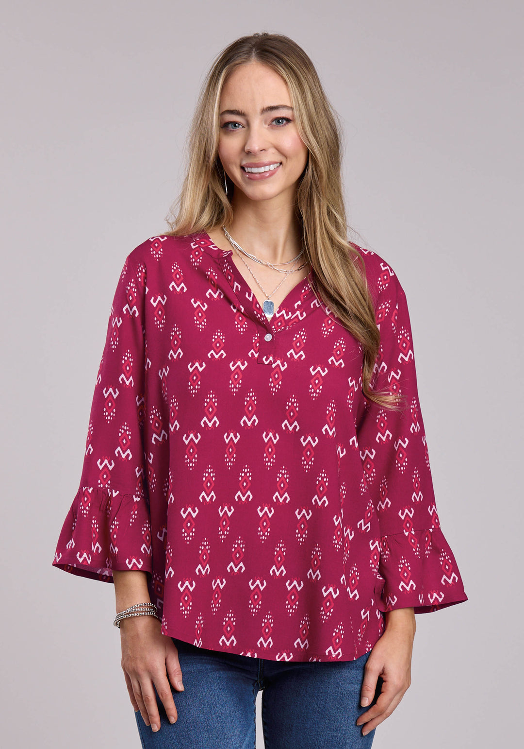 WOMENS ROPER RASPBERRY PRINTED RAYON LONG SLEEVE BUTTON SHIRT