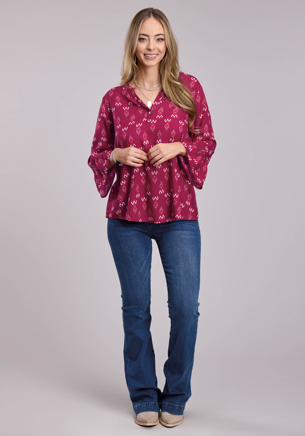 WOMENS ROPER RASPBERRY PRINTED RAYON LONG SLEEVE BUTTON SHIRT
