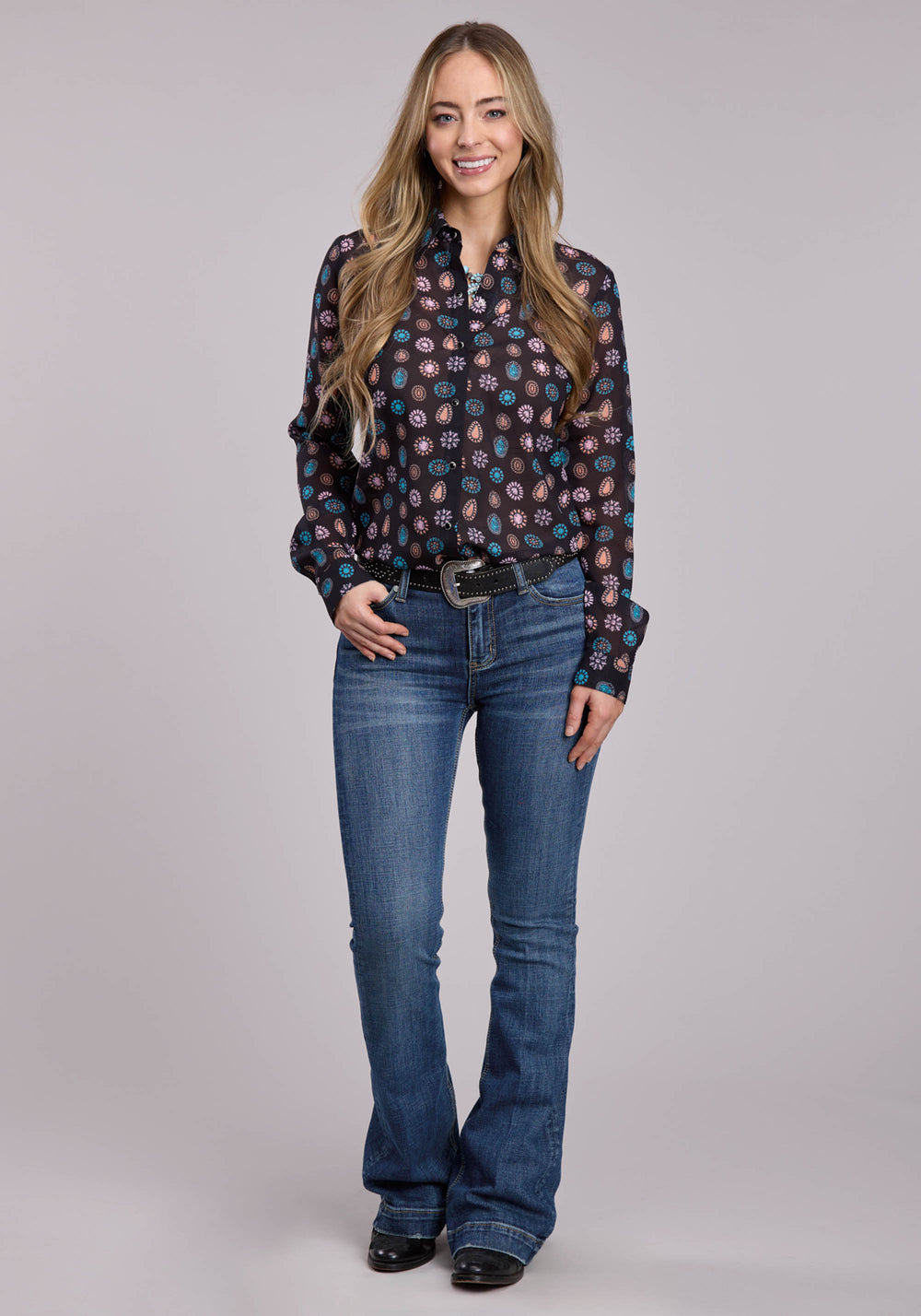 WOMENS ROPER BLACK CONCHO PRINT LONG SLEEVE SNAP SHIRT
