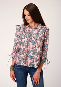 WOMENS LONG SLEEVE PINK PAISLEY PRINT VNECK TOP BLOUSE