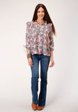 WOMENS LONG SLEEVE PINK PAISLEY PRINT VNECK TOP BLOUSE