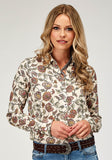 WOMENS LONG SLEEVE BUTTON VINTAGE FLORAL PRINT WESTERN SHIRT WITH TAB AND BTTN ON SLEEVES FOR ROLLED CUFFS