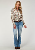 WOMENS LONG SLEEVE BUTTON VINTAGE FLORAL PRINT WESTERN SHIRT WITH TAB AND BTTN ON SLEEVES FOR ROLLED CUFFS