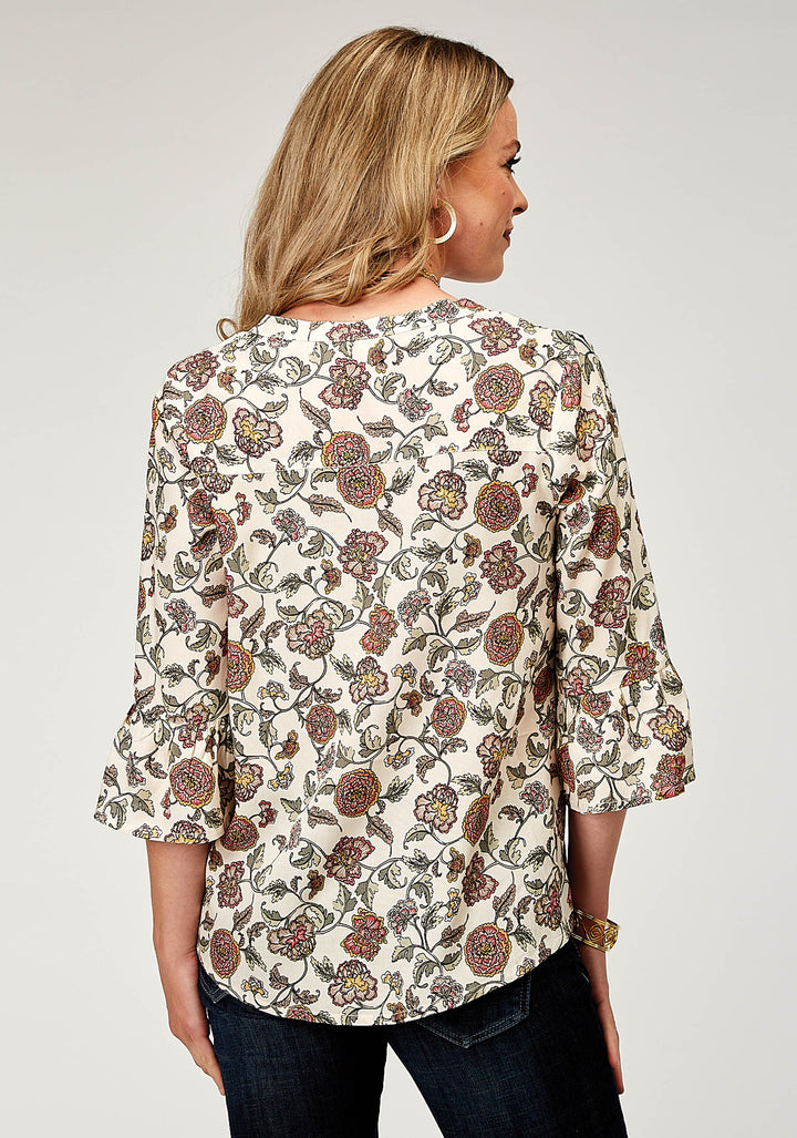 WOMENS LONG SLEEVE PULLOVER VINTAGE FLORAL PRINT PEASANT BLOUSE WITH SPLIT V PLACKET THREE QUARTER SLEEVES