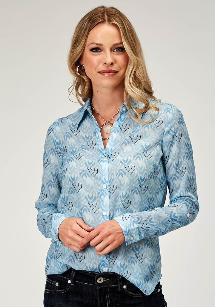 WOMENS LONG SLEEVE BUTTON IKAT CHEVERON PRINT POLY WESTERN SHIRT WITH TAB AND BUTTON SLEEVES FOR ROLLED CUFFS