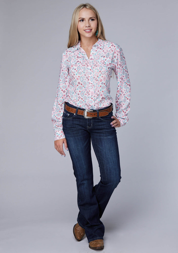 WOMENS LONG SLEEVE SNAP SCATTERED AZTEC PRINTED RAYON WESTERN BLOUSE