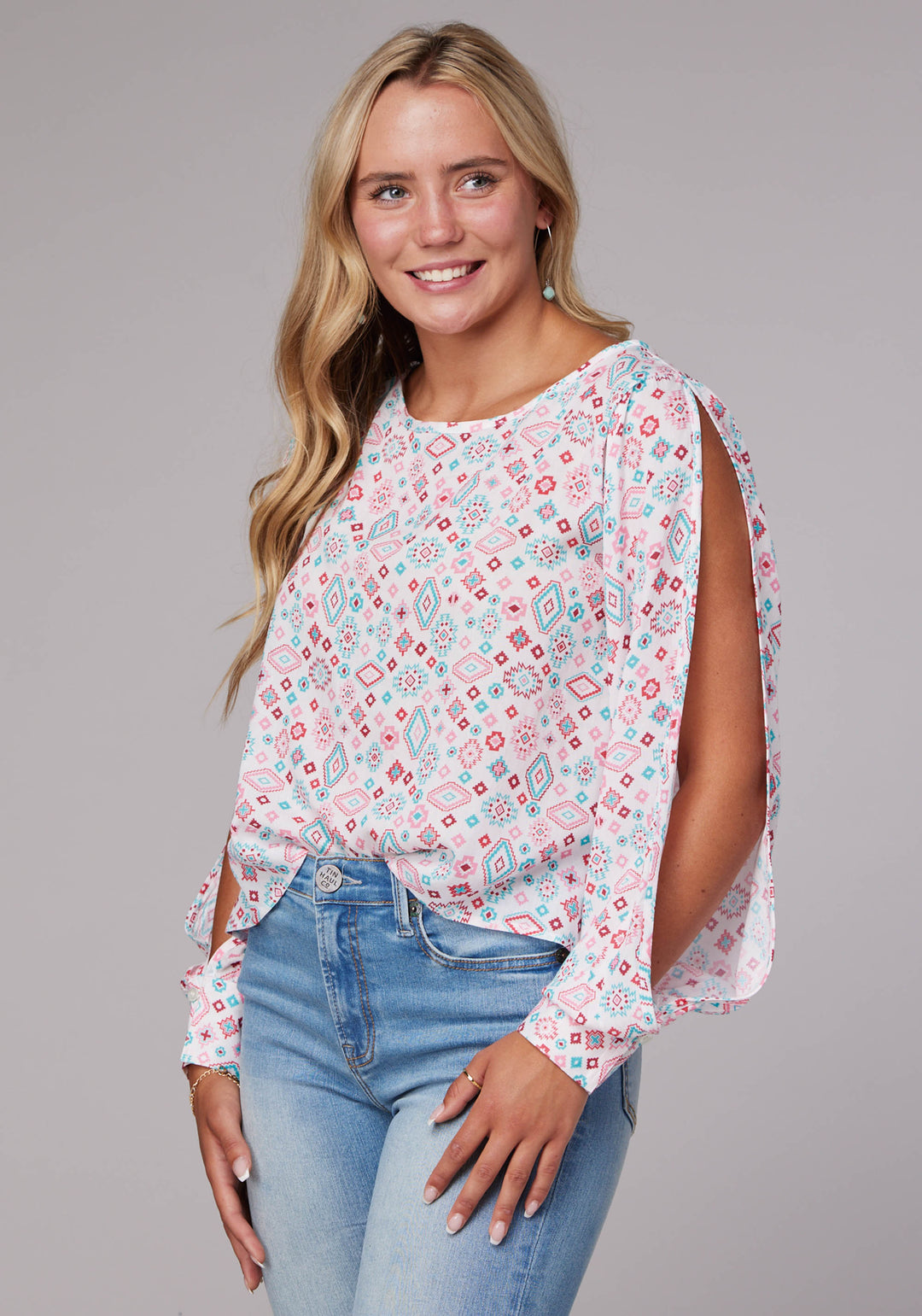 WOMENS LONG SLEEVE PULLOVER SCATTERED AZTEC PRINT RAYON WESTERN