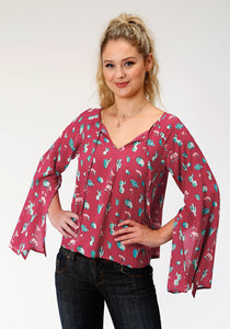 WOMENS RED AND TURQUOISE CACTUS PRINT LONG SLEEVE WESTERN SHIRT