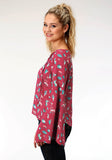 WOMENS RED AND TURQUOISE CACTUS PRINT LONG SLEEVE WESTERN SHIRT