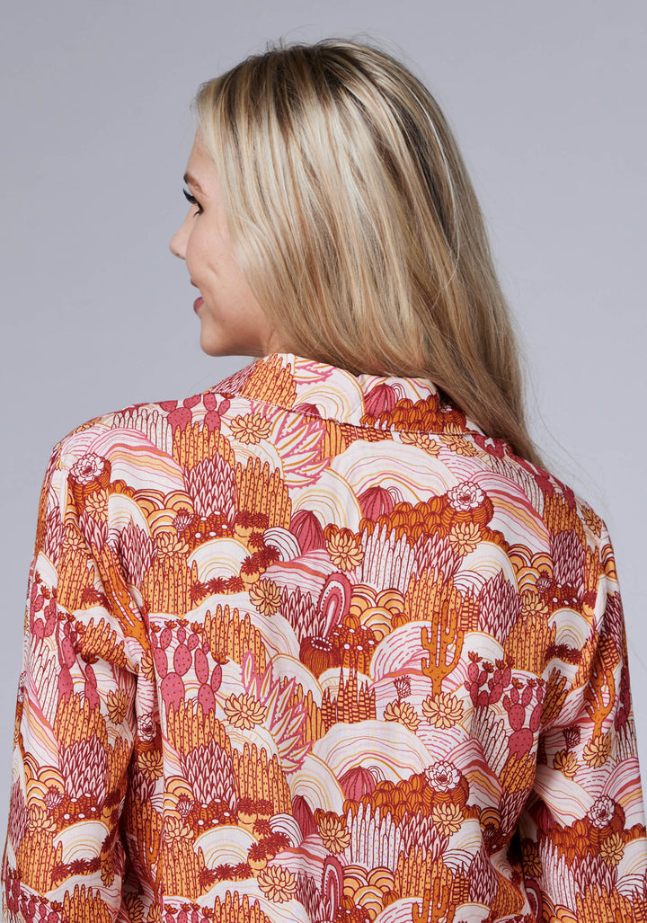 WOMENS LONG SLEEVE SNAP GROOVY CACTI PRINT RAYON WESTERN BLOUSE CURVED FRONT AND BACK YOKES