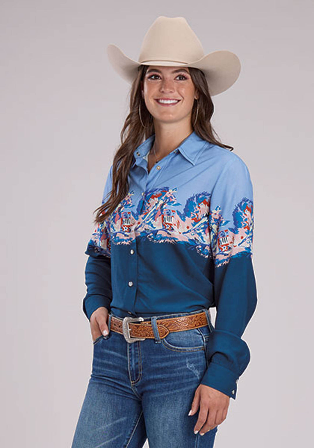 WOMENS BARREL RACE BORDER PRINT LONG SLEEVE SNAP WESTERN SHIRT