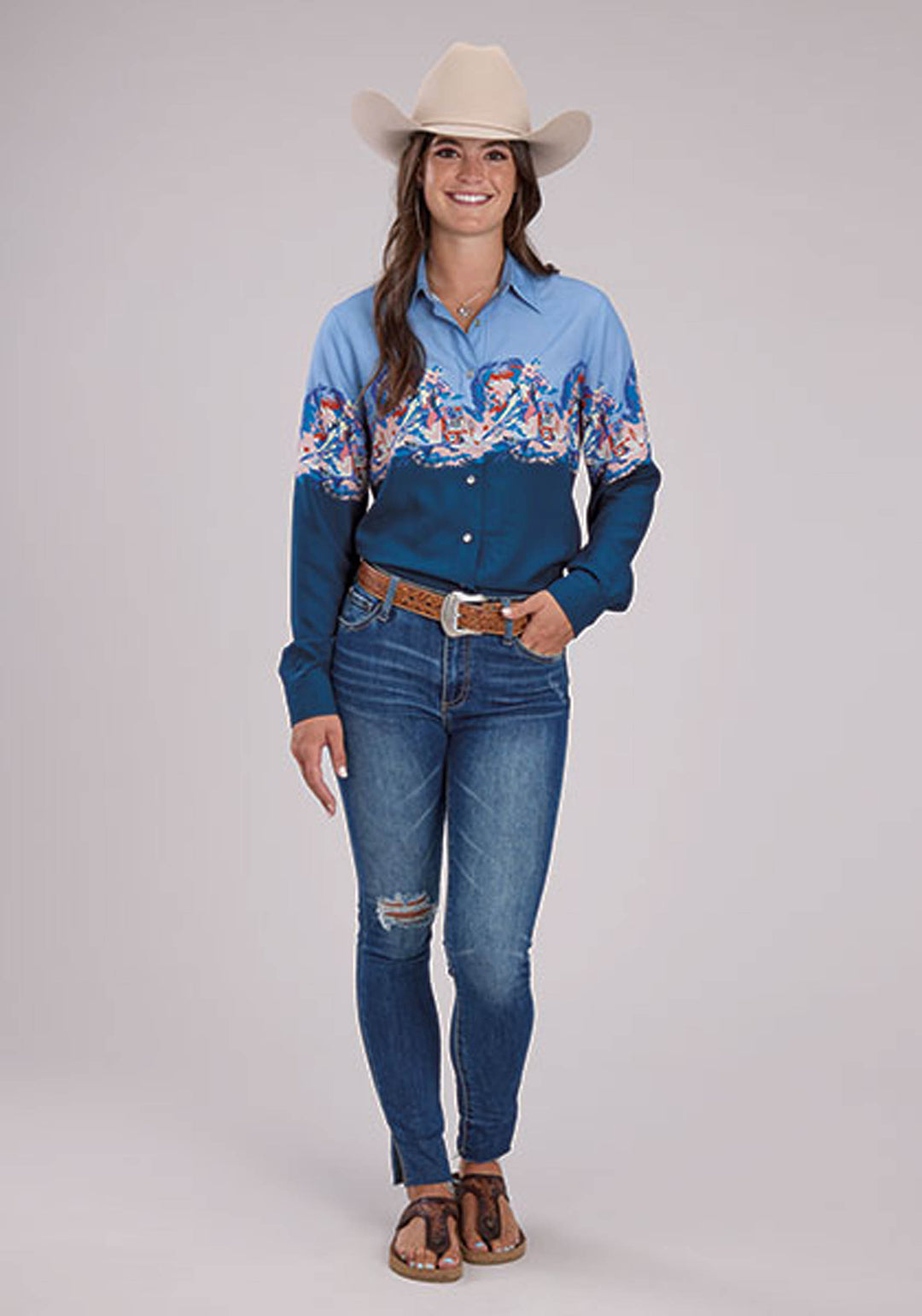WOMENS BARREL RACE BORDER PRINT LONG SLEEVE SNAP WESTERN SHIRT