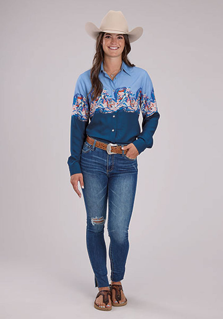 WOMENS BARREL RACE BORDER PRINT LONG SLEEVE SNAP WESTERN SHIRT