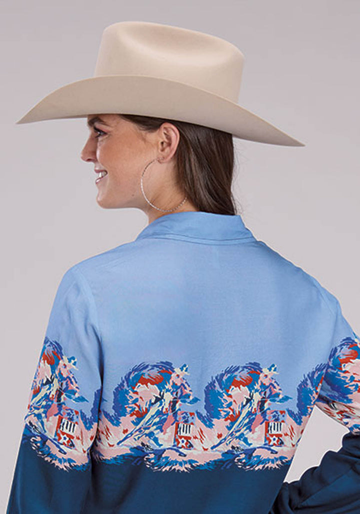 WOMENS BARREL RACE BORDER PRINT LONG SLEEVE SNAP WESTERN SHIRT