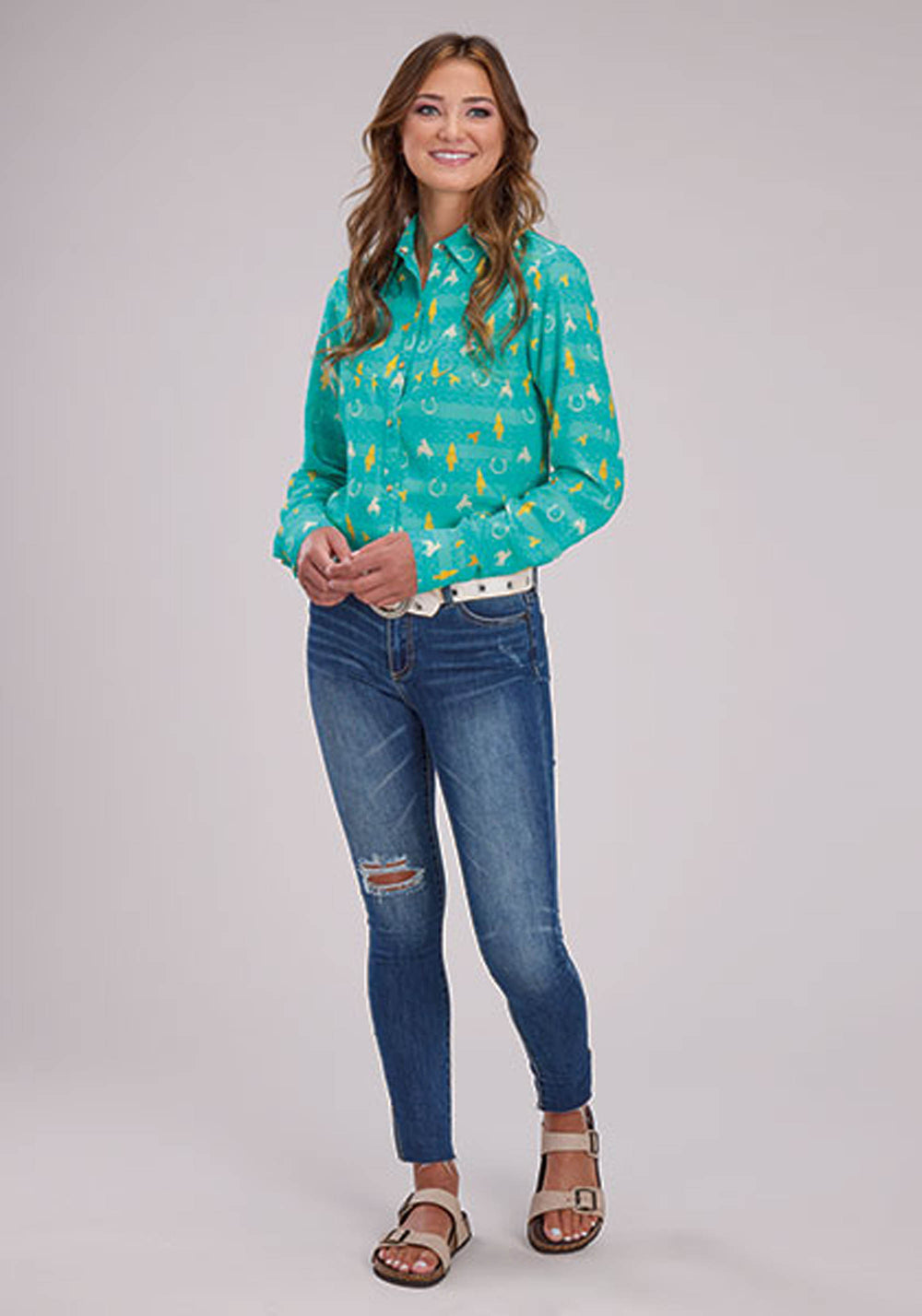 WOMENS VINTAGE AZTEC PRINT WESTERN BLOUSE LONG SLEEVE SNAP WESTERN SHIRT