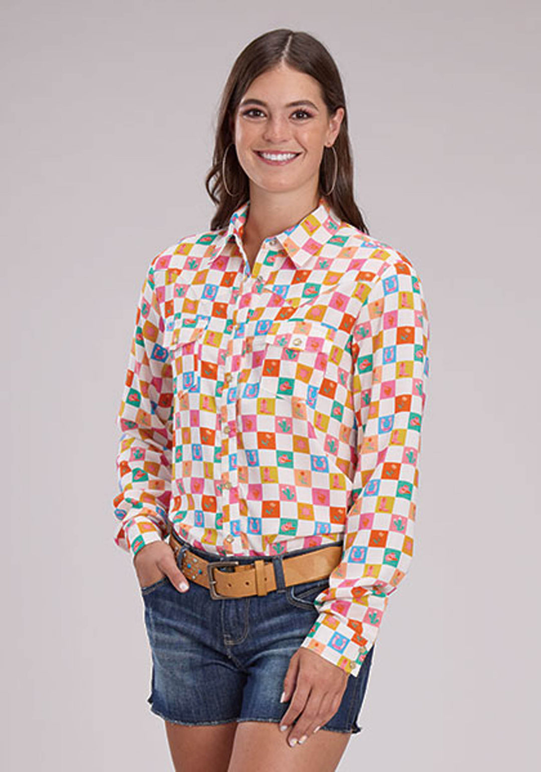 WOMENS LONG SLEEVE SNAP CHECKER PRINT RAYON WESTERN BLOUSE WESTERN SHIRT