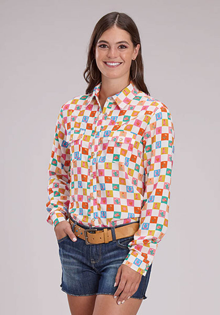 WOMENS LONG SLEEVE SNAP CHECKER PRINT RAYON WESTERN BLOUSE WESTERN SHIRT