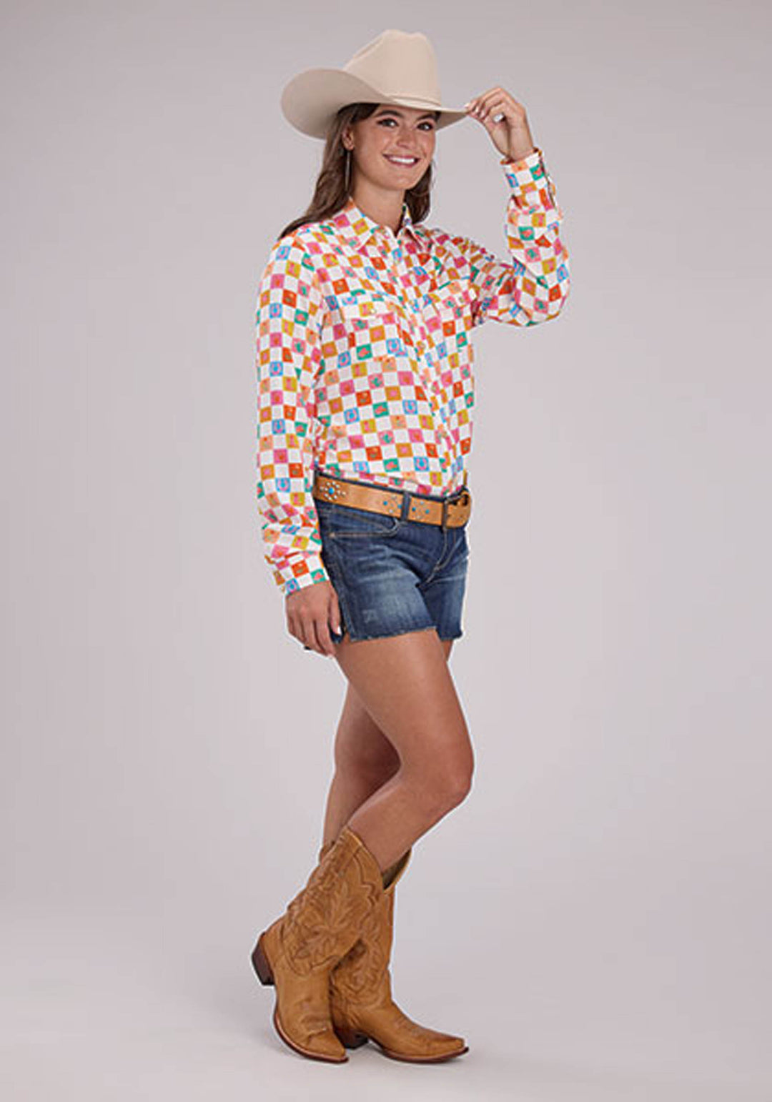 WOMENS LONG SLEEVE SNAP CHECKER PRINT RAYON WESTERN BLOUSE WESTERN SHIRT