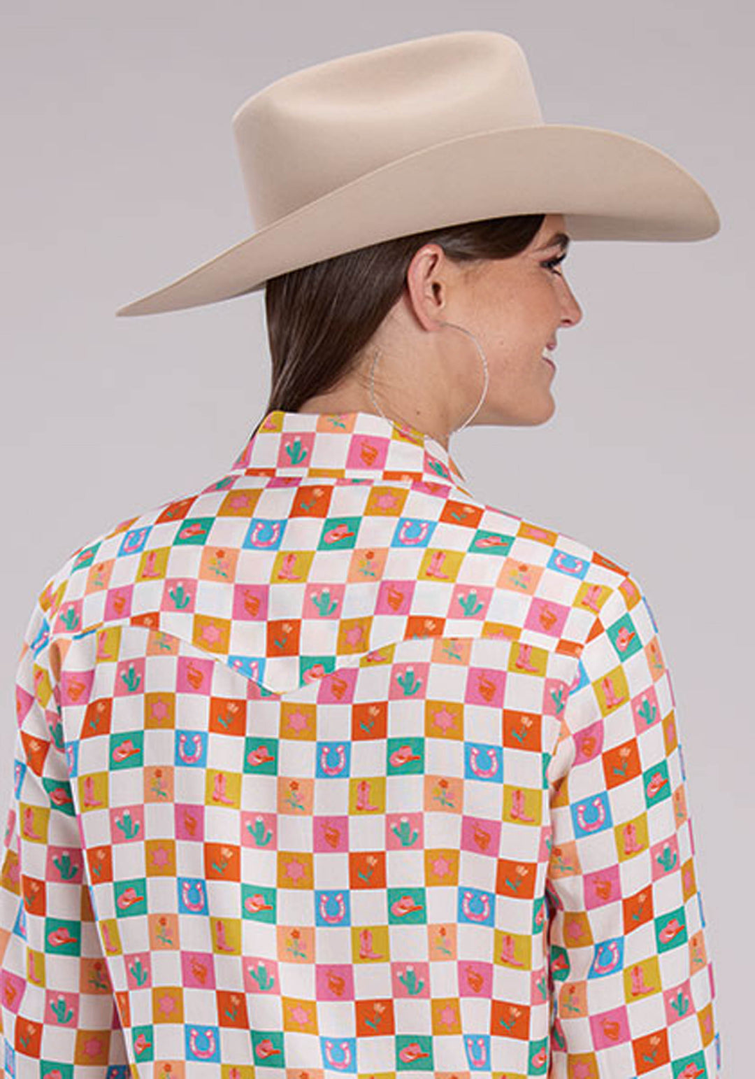 WOMENS LONG SLEEVE SNAP CHECKER PRINT RAYON WESTERN BLOUSE WESTERN SHIRT