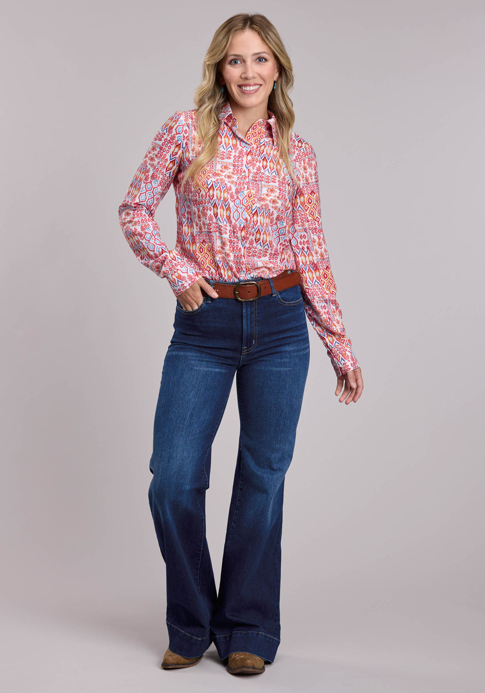 WOMENS ROPER AZTEC PATCHWORK LONG SLEEVE SNAP SHIRT