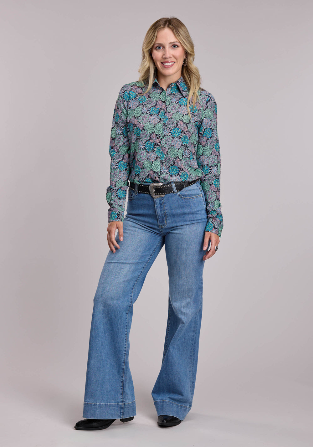 WOMENS ROPER POLY CREPE PRINT LONG SLEEVE SNAP SHIRT