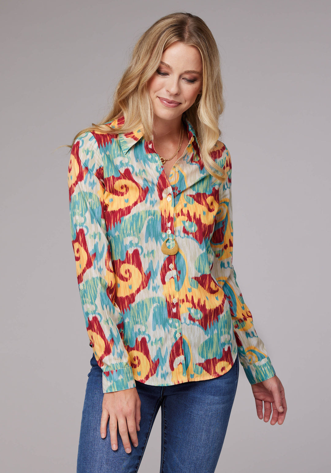 WOMENS LONG SLEEVE BUTTON IKAT PAISLEY PRINT POLY CREPE WESTERN SHIRT WITH TAB AND BUTTON ON SLEEVES