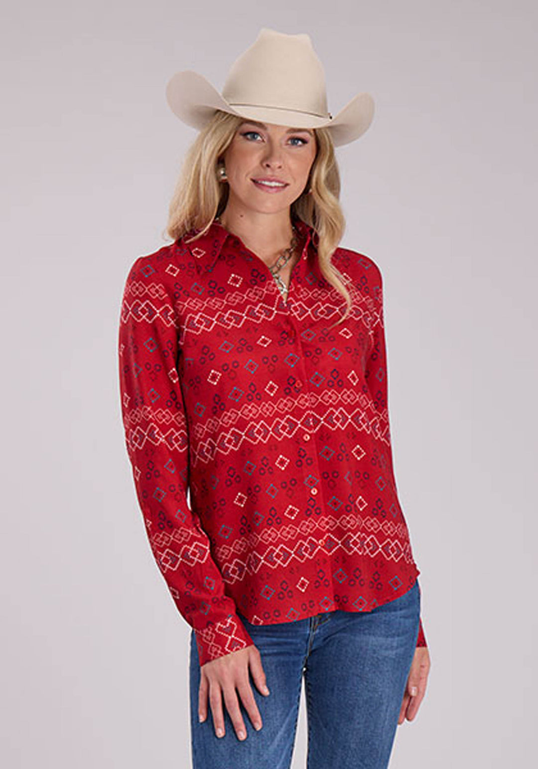 WOMENS RWB AZTEC WESTERN BLOUSE LONG SLEEVE BUTTON WESTERN SHIRT