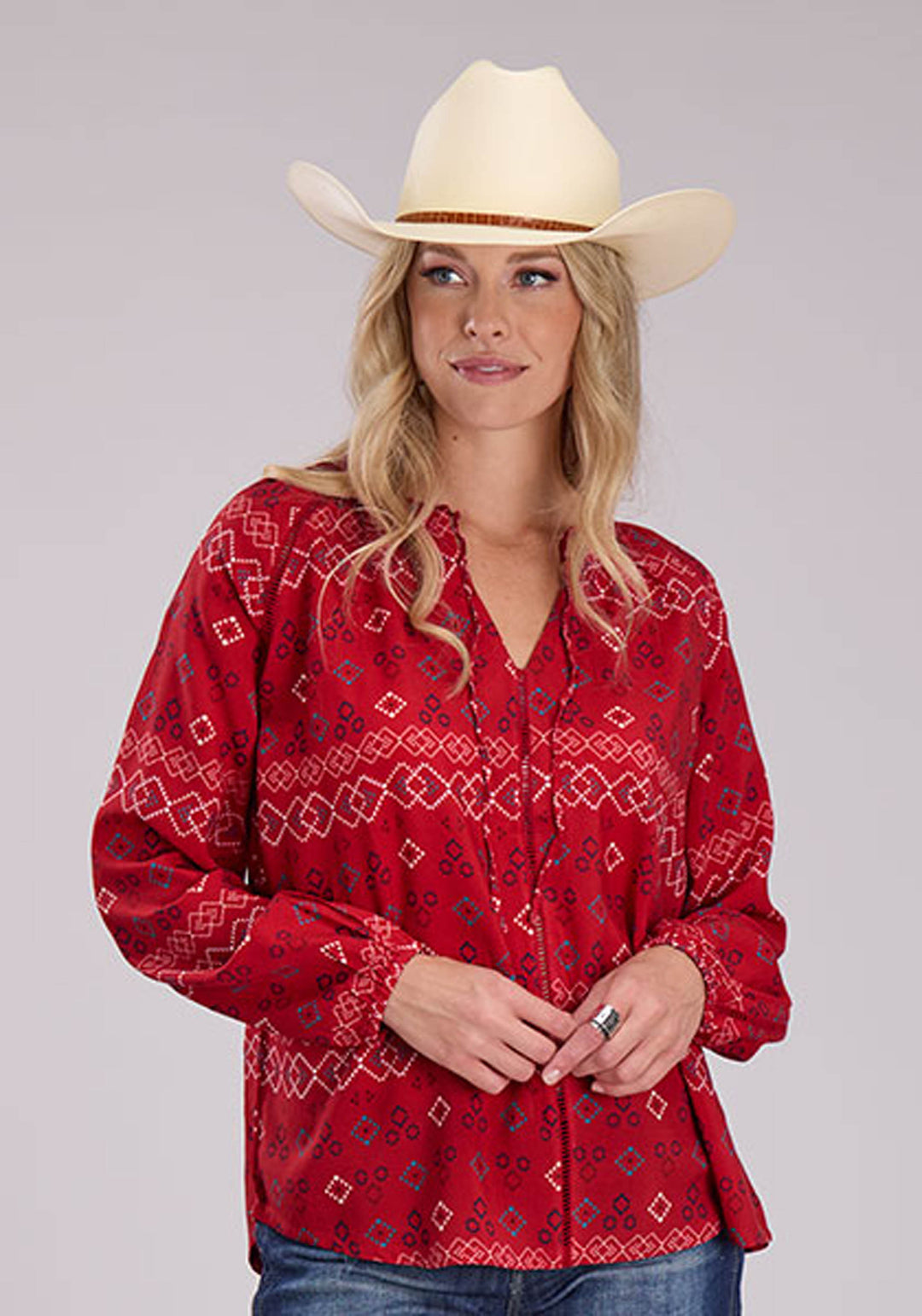 WOMENS RWB AZTEC PEASANT BLOUSE LONG SLEEVE PULLOVER WESTERN SHIRT