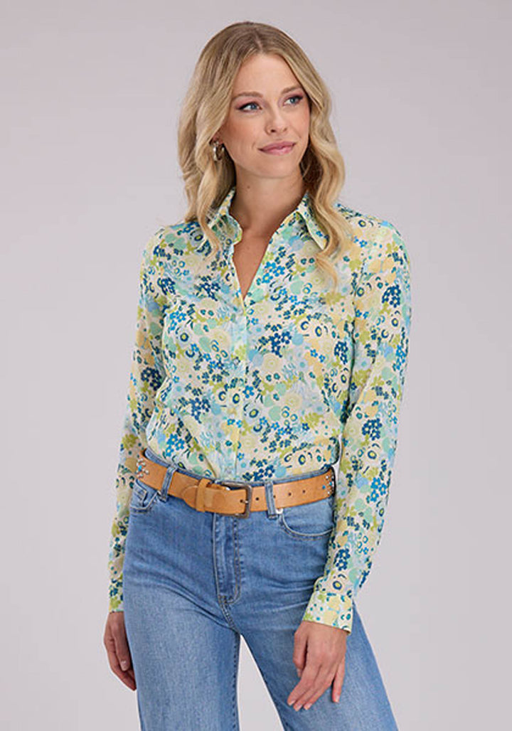 WOMENS LONG SLEEVE BUTTON FLORAL AZTEC PRINT POLY GEORGETTE WESTERN SHIRT