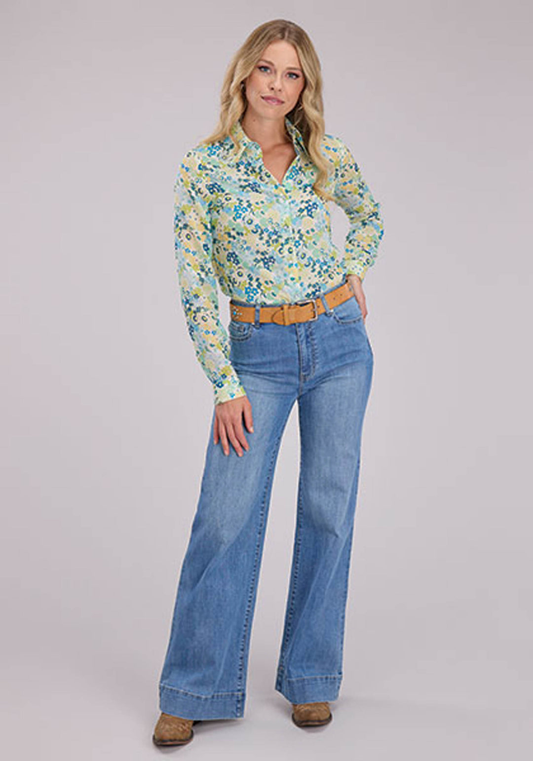 WOMENS LONG SLEEVE BUTTON FLORAL AZTEC PRINT POLY GEORGETTE WESTERN SHIRT