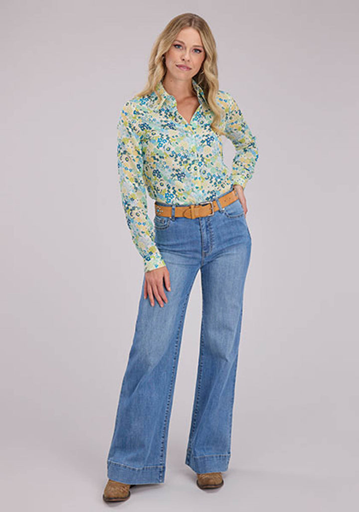 WOMENS LONG SLEEVE BUTTON FLORAL AZTEC PRINT POLY GEORGETTE WESTERN SHIRT