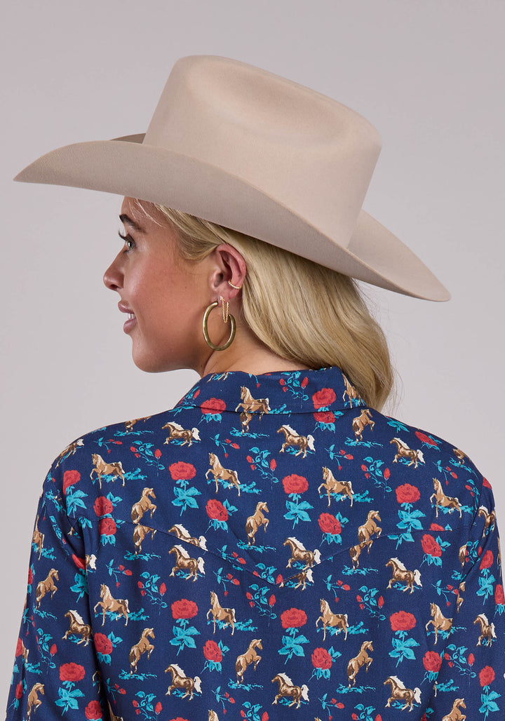 WOMENS ROPER NAVY ROSES PRINTED RAYON LONG SLEEVE SNAP SHIRT