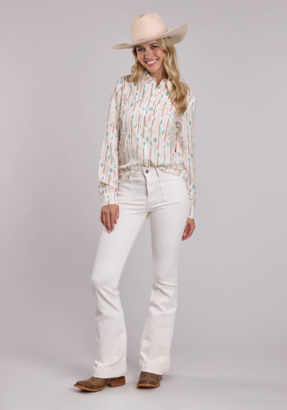 WOMENS ROPER CHECKER STRIPE PRINTED RAYON LONG SLEEVE SNAP SHIRT