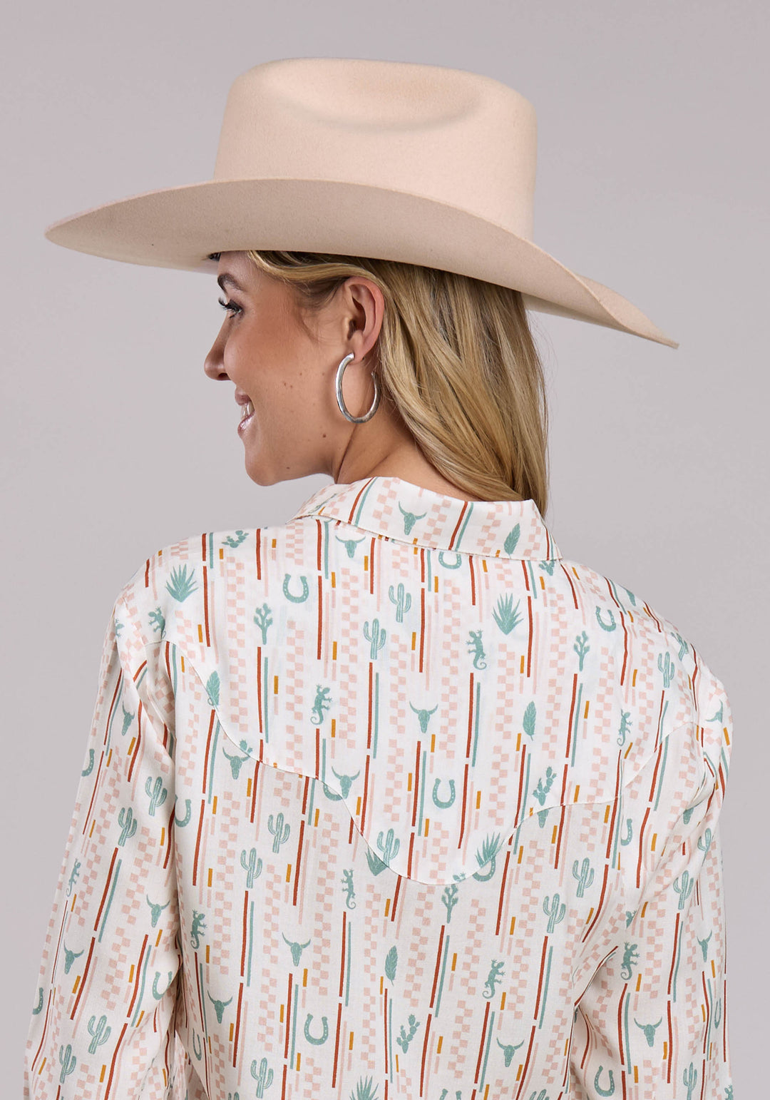 WOMENS ROPER CHECKER STRIPE PRINTED RAYON LONG SLEEVE SNAP SHIRT