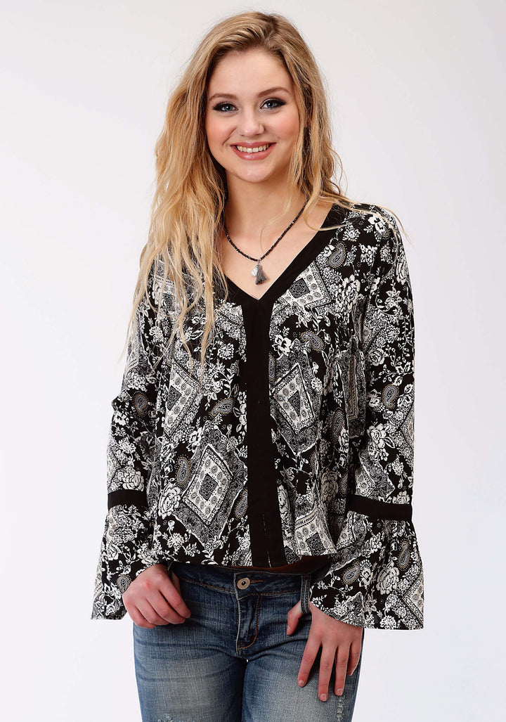 WOMENS BLACK AND WHITE DIAMOND FLORAL PRINT LONG SLEEVE WESTERN SHIRT