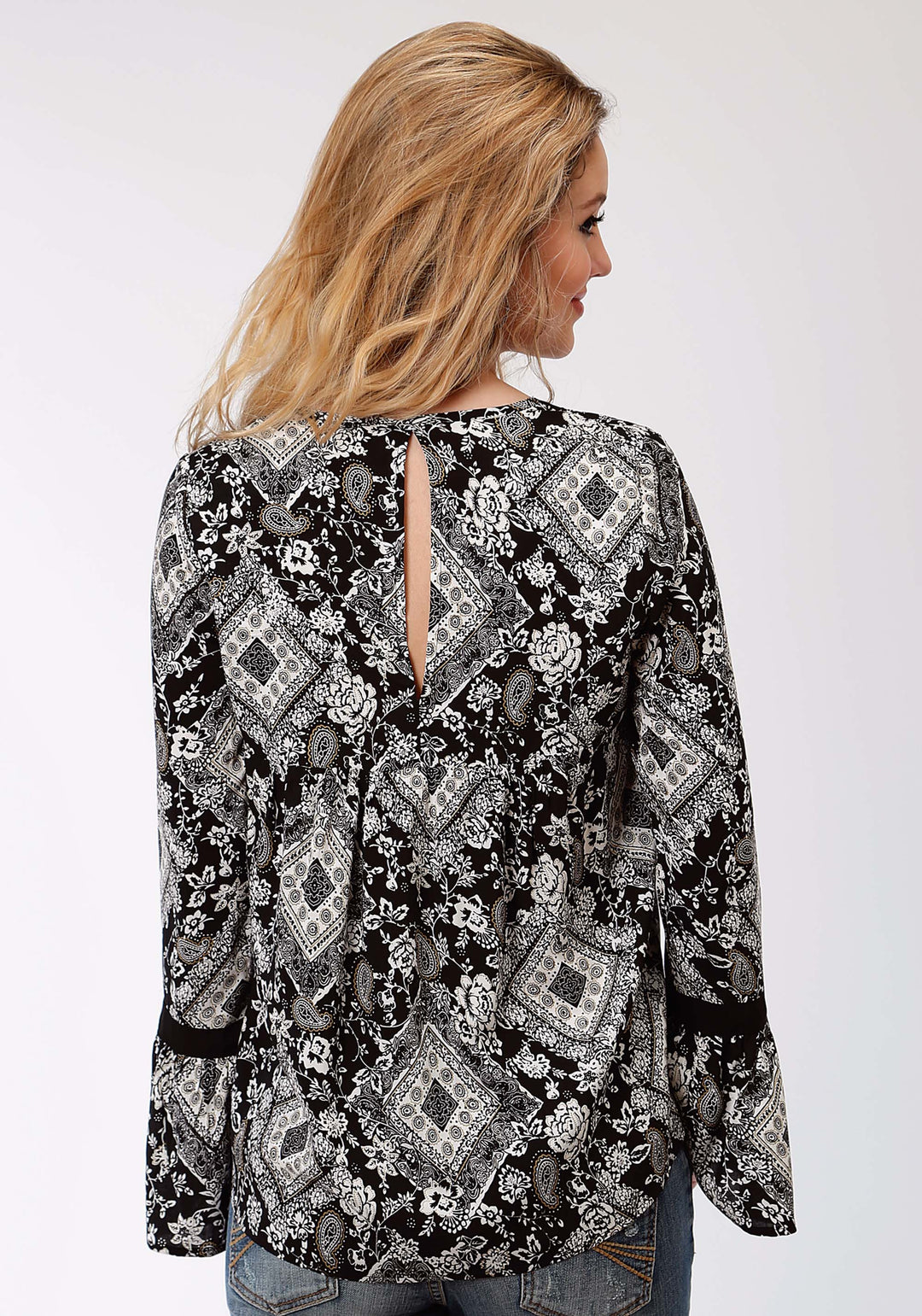 WOMENS BLACK AND WHITE DIAMOND FLORAL PRINT LONG SLEEVE WESTERN SHIRT