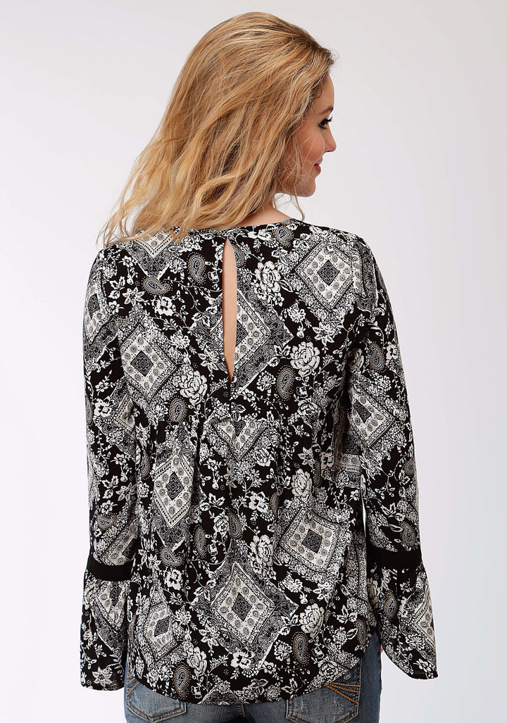 WOMENS BLACK AND WHITE DIAMOND FLORAL PRINT LONG SLEEVE WESTERN SHIRT