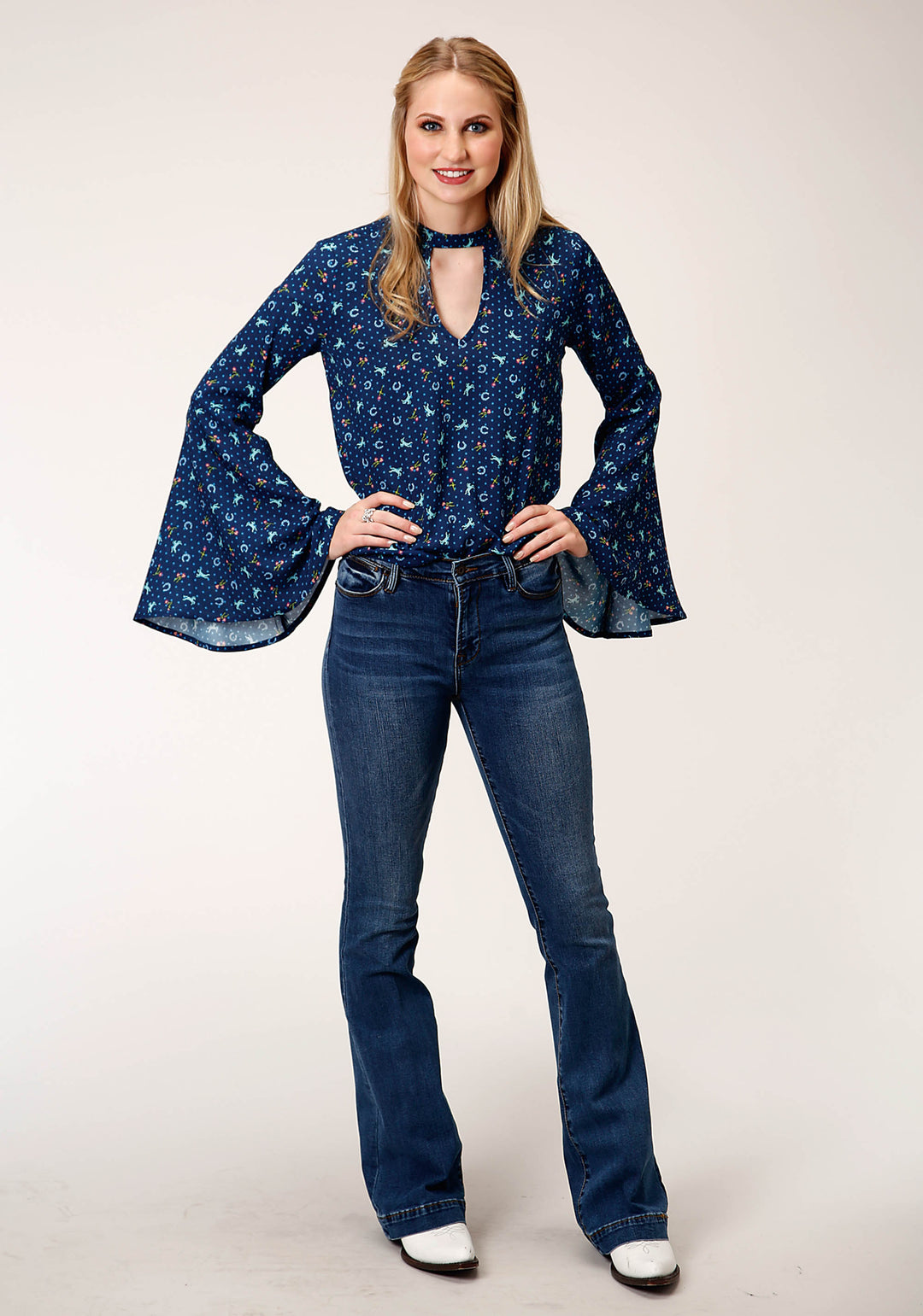 WOMENS HORSE PRINT RAYON BLOUSE LONG SLEEVE BUTTON WESTERN SHIRT