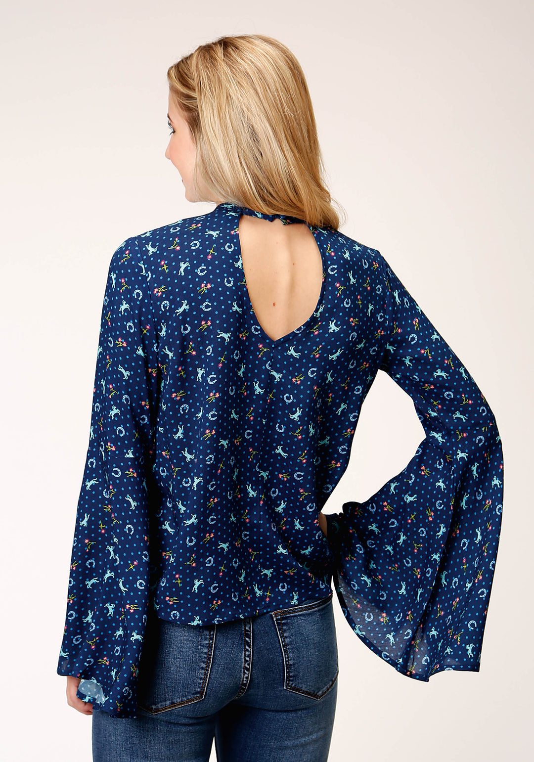 WOMENS HORSE PRINT RAYON BLOUSE LONG SLEEVE BUTTON WESTERN SHIRT