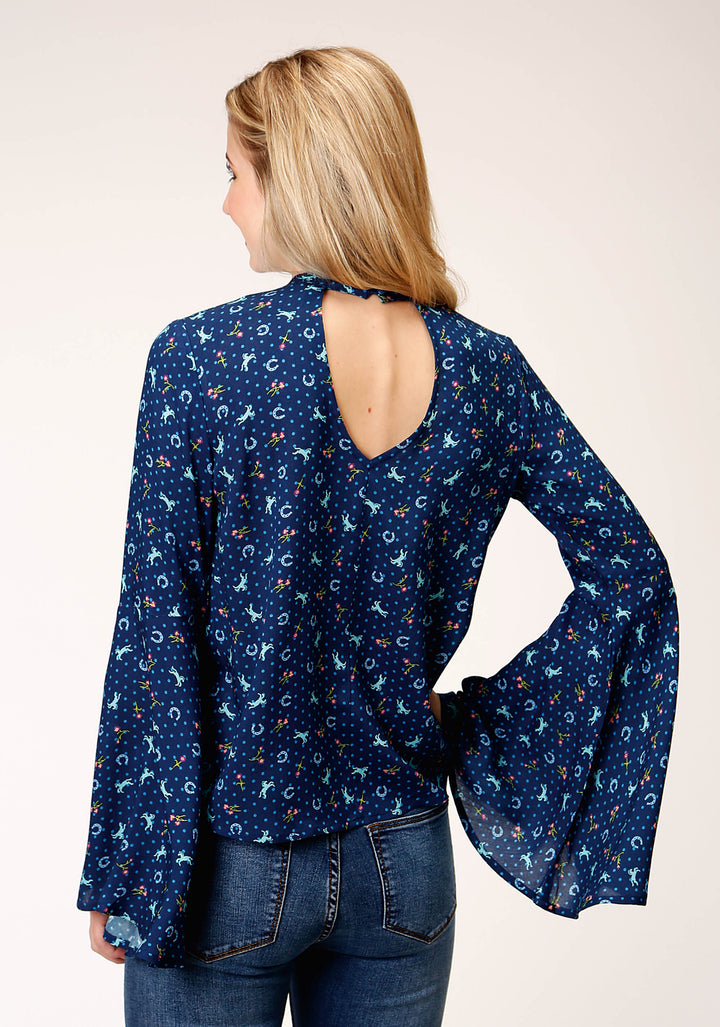 WOMENS HORSE PRINT RAYON BLOUSE LONG SLEEVE BUTTON WESTERN SHIRT