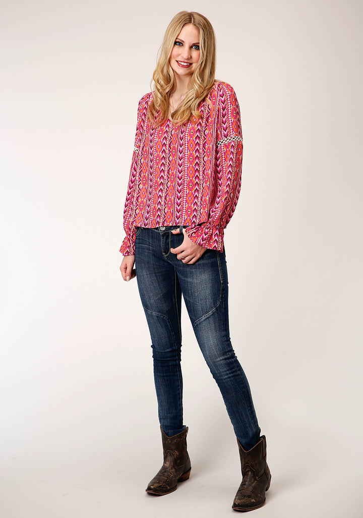 WOMENS LONG SLEEVE AZTEC PRINT RAYON PEASANT BLOUSE