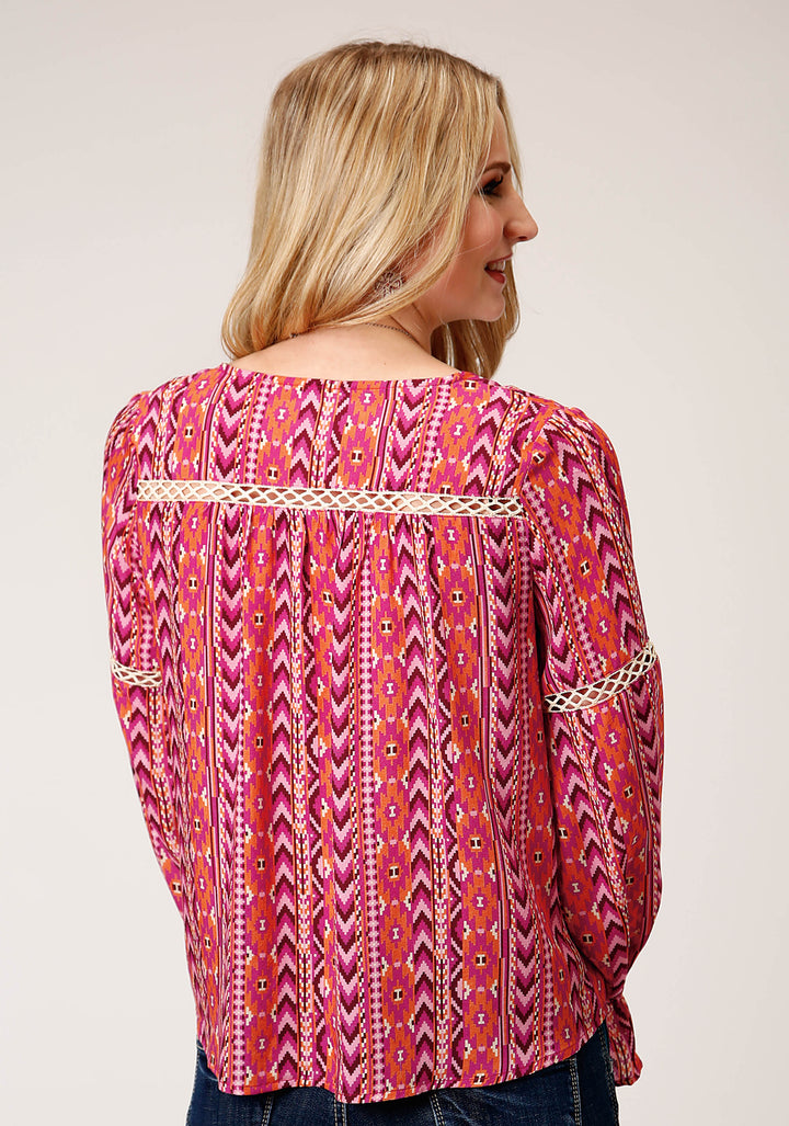WOMENS LONG SLEEVE AZTEC PRINT RAYON PEASANT BLOUSE