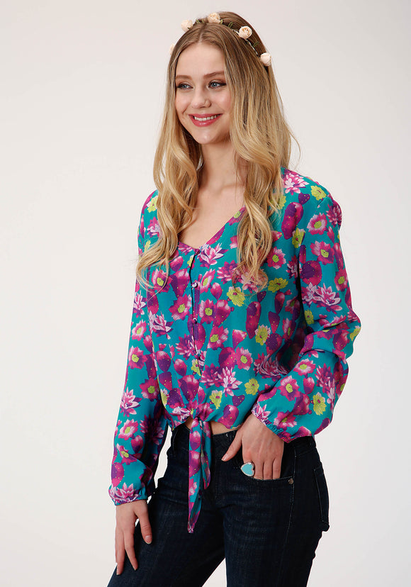 WOMENS BLUE PINK AND GREEN CACTUS PRINT LONG SLEEVE WESTERN SHIRT