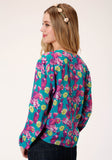 WOMENS BLUE PINK AND GREEN CACTUS PRINT LONG SLEEVE WESTERN SHIRT