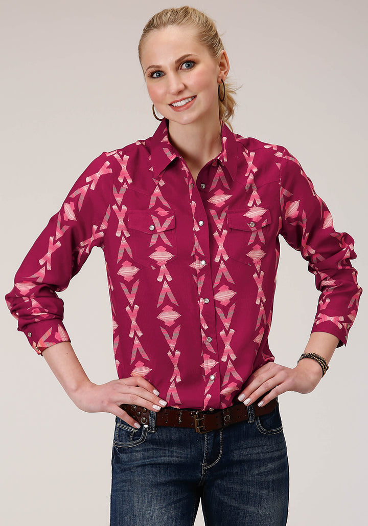 WOMENS LONG SLEEVE SNAP WINE AZTEC PRINT WESTERN WESTERN SHIRT