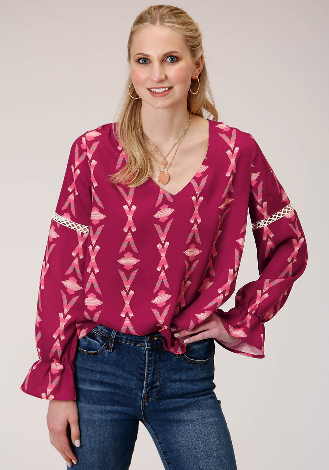 WOMENS LONG SLEEVE WINE AZTEC PRINT PEASAN BLOUSE