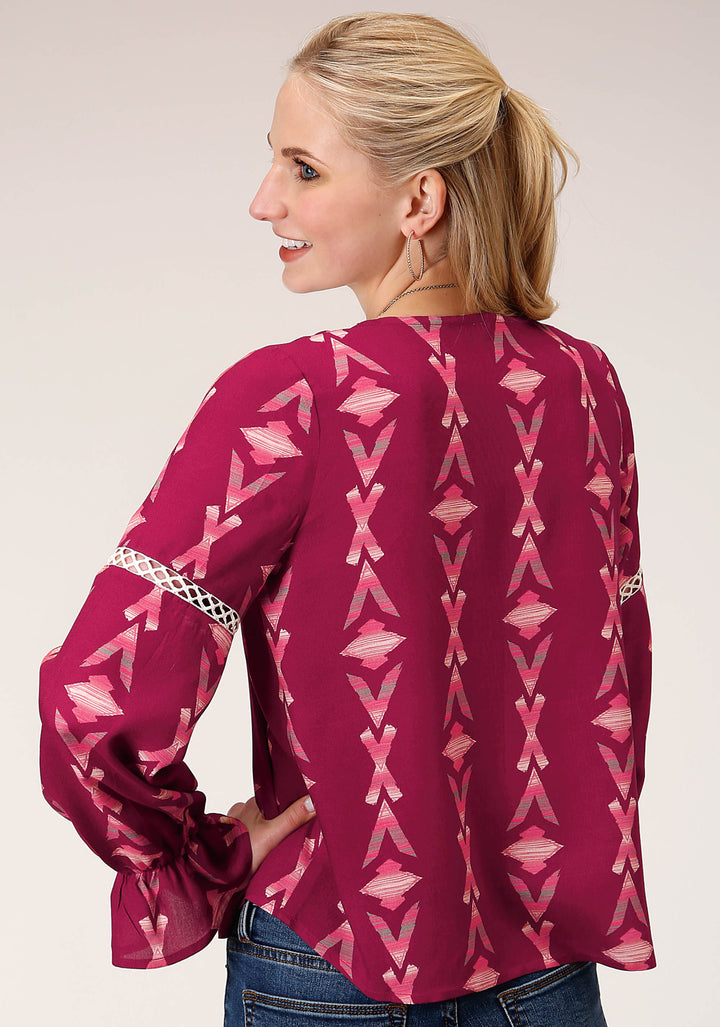WOMENS LONG SLEEVE WINE AZTEC PRINT PEASAN BLOUSE