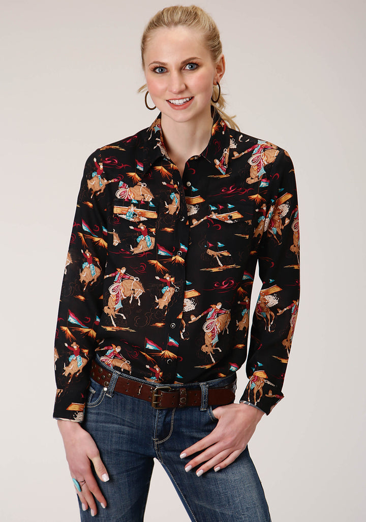 WOMENS LONG SLEEVE SNAP  RETRO RODEO PRINT WESTERN SHIRT WESTERN SHIRT